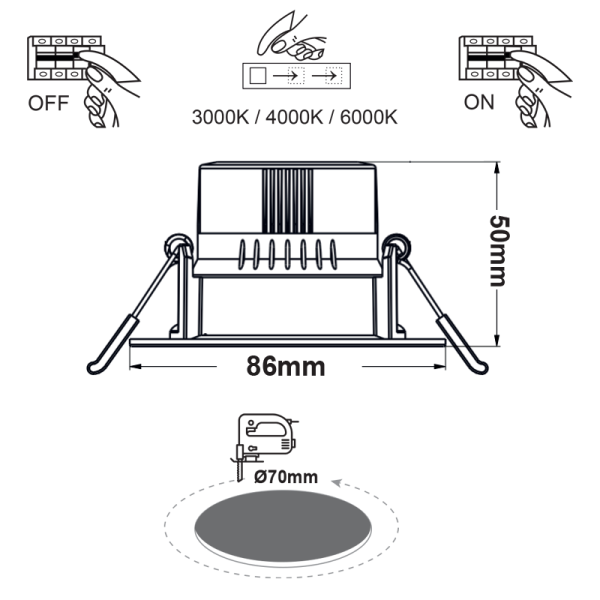 ROUND LED SPOTLIGHT 7W SWITCH 3000-4000-6000K SMD 230V 40° Ra80 PRE-SET UP 3000K - Image 2
