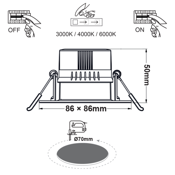 SQUARE LED SPOTLIGHT 7W SWITCH 3000-4000-6000K SMD 230V 40° Ra80 PRE-SET UP 3000K - Image 2