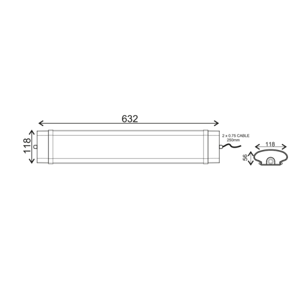 LED LUMINAIRE 60W 632mm 4000K 5400Lm IP66 230VAC PF>0.9 Ra80 - Image 2