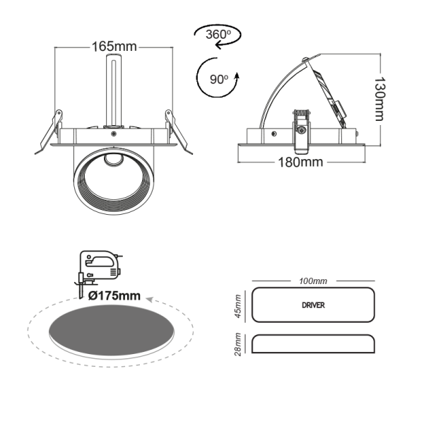 WHITE LED RECESSED MOVABLE LUMINAIRE 30W 3000K 60° 2400LM 230V Ra80 - Image 3