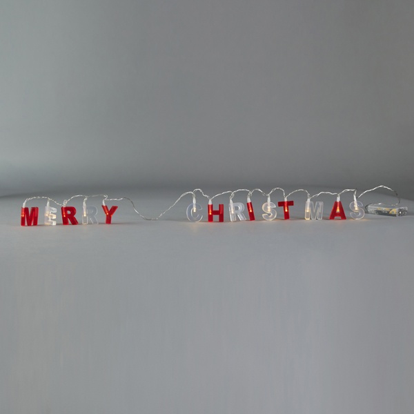 ΣΕΙΡΑ, 14 LED 5mm, 'MERRY CHRISTMAS' ΜΕ ΚΟΚΚΙΝΑ & ΑΣΠΡΑ ΓΡΑΜΜΑΤΑ, ΜΠΑΤΑΡΙΑΣ 2xAA, TIMER,  ΔΙΑΦΑΝΟ PVC ΚΑΛΩΔΙΟ, ΘΕΡΜΟ ΛΕΥΚΟ LED ΑΝΑ 8cm, ΠΡΟΕΚΤΑΣΗ ΠΑΡΟΧΗΣ 30cm, IP20 - Image 2